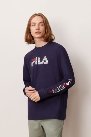 FILA Collinson Long Sleeve Tee Shirts Navy / White / Red,Mens Clothing | CA.VKJBTN536